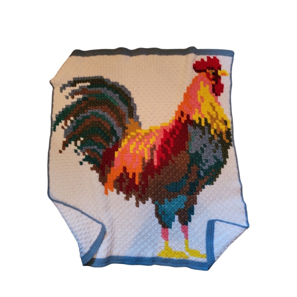 Handmade Crochet Rooster Blanket Throw Farmhouse Chicken Afghan Rustic Country